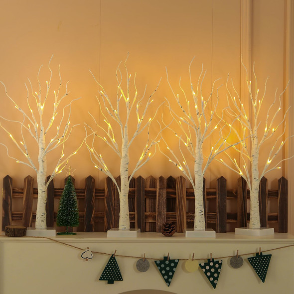 Lighted Birch Tree, 4 Pack 2FT Tree Indoor, Battery Operated Artificial Tree with 24 Warm White Lights, Inside Artificial Branch Tree for Christmas Home Wedding Decor Tabletop Tree Decoration