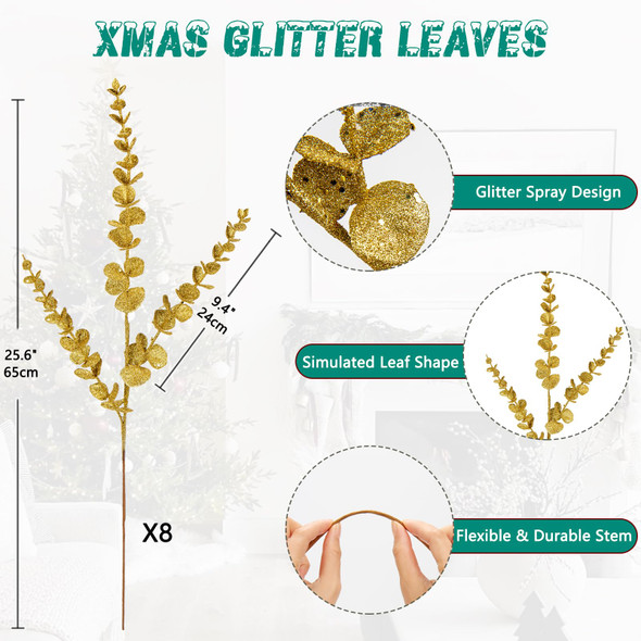 Oairse 8 Pcs Christmas Tree Picks and Sprays Gold Glitter Christmas Picks 25.6" Christmas Glitter Eucalyptus Leaves Stems for Christmas Tree Filler Branches Wreaths Centerpieces Holiday Decorations