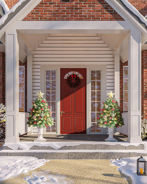 33 inch Christmas Trees with LED Lights 2 Pack, Outdoor Prelit Christmas Trees, Small Artificial Christmas Tree with Ornaments for Porch, Driveway, Yard, Garden