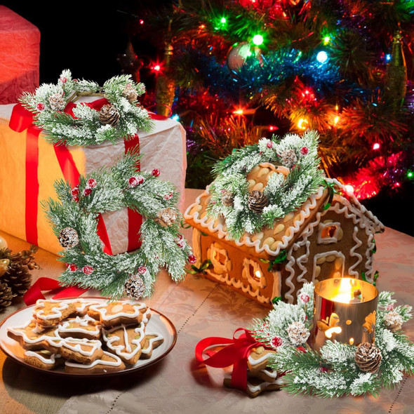 8pcs Christmas Candle Rings Wreaths, 3.1" Artificial Red Berries Candle Rings with Snowy Pine Needles Cones Mini Wreaths for Christmas Table Centerpiece Pillar Cabinets Decorations