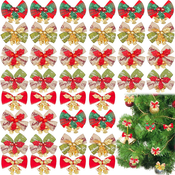 40 Pcs Christmas Bows with Bells,Xmas Wreath Bow Bells Craft Decorations,Christmas Tree Bowknot Hanging Ornament Xmas for Holiday Party Supplies,Xmas Decor Accessories