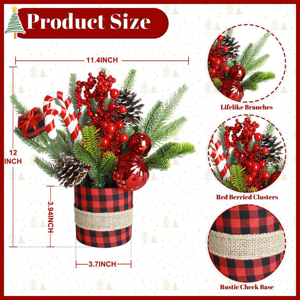 Small Tabletop Christmas Tree Artificial Mini Christmas Tree Decorations with Pine Cones Red Berries Desk Christmas Trees Buffalo Plaid Christmas Table Centerpieces for Xmas Office Home Decor