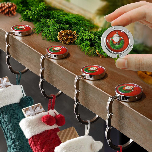 Christmas Stocking Holders for Mantle Set 4,Non-Slip Fireplace Stocking Hooks,Lightweight Metal Stocking Hangers for Mantel Santa Claus Xmas Decoration Party Decor Silver Flat Weighted