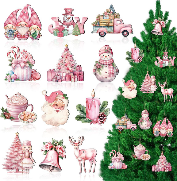 36Pcs Pink Christmas Tree Hanging Ornaments, Wooden Christmas Ornaments for Tree Vintage Rustic Xmas Wooden Hanging Pendants Tags for Winter Holiday Christmas Tree Home Party Decorations
