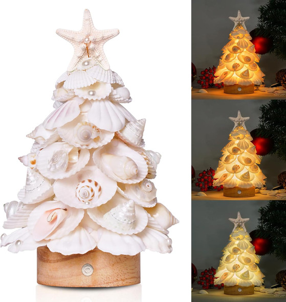 Sea Shells Christmas Tree Handmade Crafts Tabletop Shells Christmas Tree with LED Light, for Christmas & Beach Decoration, Party Birthday , Home Decor, Figurines Christmas Tree