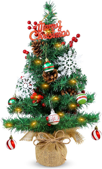 23.6" Mini Christmas Tree Table Top Lighted Artificial Xmas Tree Rustic Burlap Base - Small Tabletop Christmas Tree with Red Berries Stem Snowflake Christmas Ball Ornaments for Xmas DIY Decorations