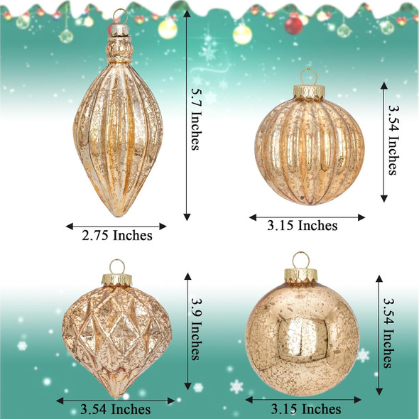 Mercury Glass Christmas Ornaments Set of 8 Champagne Gold 3.54 Inches Large Hanging Balls Finial Xmas Tree Decorations
