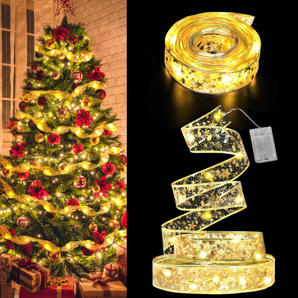 Ouddy Life 32ft Christmas Ribbon Fairy Lights, 100 LED Lights Gold Ribbon for Christmas Tree Wired Double Layer Mesh, Outdoor Indoor Year Holiday Christmas Tree Decorations Wrapping Xmas Garland