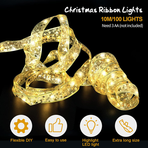 Ouddy Life 32ft Christmas Ribbon Fairy Lights, 100 LED Lights Gold Ribbon for Christmas Tree Wired Double Layer Mesh, Outdoor Indoor Year Holiday Christmas Tree Decorations Wrapping Xmas Garland
