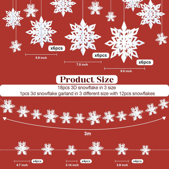 Ouddy Life Christmas Hanging Snowflake Decorations, 3D Large Paper Snowflakes Ornaments with Snowflakes Garland for Christmas Winter Wonderland Home Tree Year Holiday Party Decor (Pearl White)