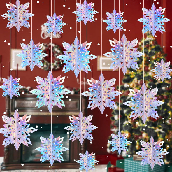 18Pcs Christmas Hanging Snowflake Decorations, 3D Glittery Large Iridescent Paper Snowflakes Garland for Christmas Winter Wonderland Frozen Holiday Year Home Tree Birthday Party Decorations