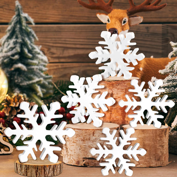 5Pcs Snowflake Christmas Table Decorations, White Distressed Wooden Snowflakes Tabletop Christmas Centerpieces Winter Farmhouse Tiered Tray Decor for Xmas Holiday Party Supplies Home Mantel Decor