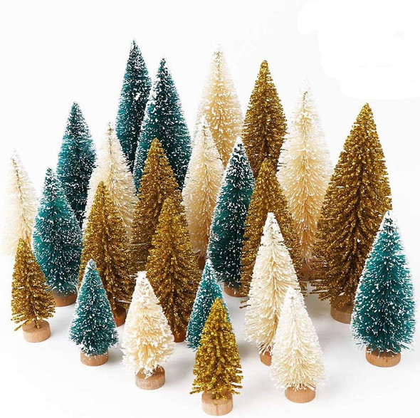OurWarm 24Pcs Artificial Frosted Sisal Christmas Tree, Bottle Brush Trees with Wood Base DIY Crafts Mini Pine Tree for Christmas Home Table Top Decor Winter Ornaments Green, Gold and Ivory