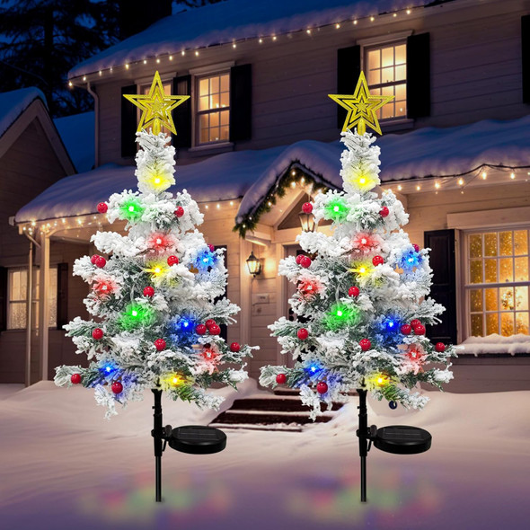 OurWarm 2Pcs Solar Christmas Tree Outdoor Christmas Decorations, 30Inch Flocked Christmas Tree with 40 LED, Prelit Mini Small Christmas Tree with Lights for Grave Cemetery Pathway Garden Yard Decor