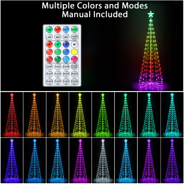 OUSHENG Multicolor LED Outdoor Christmas Tree Light Show Decorations, 34 Animated Modes Outside Lighted Cone Xmas Decor with Star Toppers Remote for Yard Porch Backyard Patio, 6ft