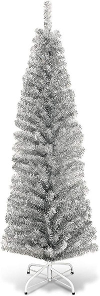 Artificial Pencil Christmas Tree, Electroplated Premium Slim Tree, Xmas Decor for Indoor and Outdoor, Suitable for Office, Store and Home (Silver, 6FT)