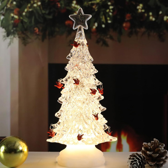 Acrylic Christmas Cardinal Birds Tree Table Decor - Christmas Tree with LED Lighting Ornament Timer, Warm Holiday Party Mantel Decorations s for Family&Cardinal Lovers (White) 12"