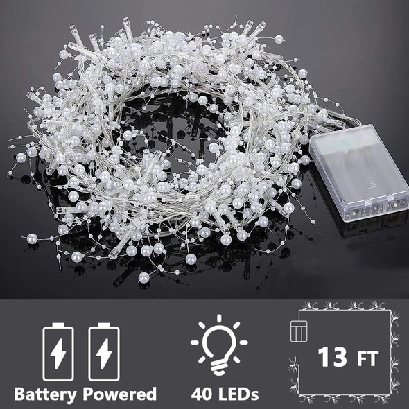 OVV 13FT Christmas White Pearl String Lights 40LED Lighted Berry Beaded Garland Festive Indoor Xmas Decoration Warm Lights for Bedroom Mantel Wedding Party Decor Battery Operated (White)