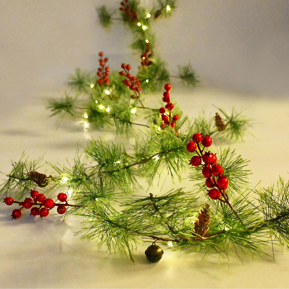 Christmas Garland Lights 6.56 FT Smokey Pine Garland with 30 LED Fairy Lights Battery Operated Garland Lights with Red Berries Bells Pine Cones Garland Christmas Lights Indoor Home Decorations