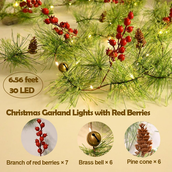 Christmas Garland Lights 6.56 FT Smokey Pine Garland with 30 LED Fairy Lights Battery Operated Garland Lights with Red Berries Bells Pine Cones Garland Christmas Lights Indoor Home Decorations