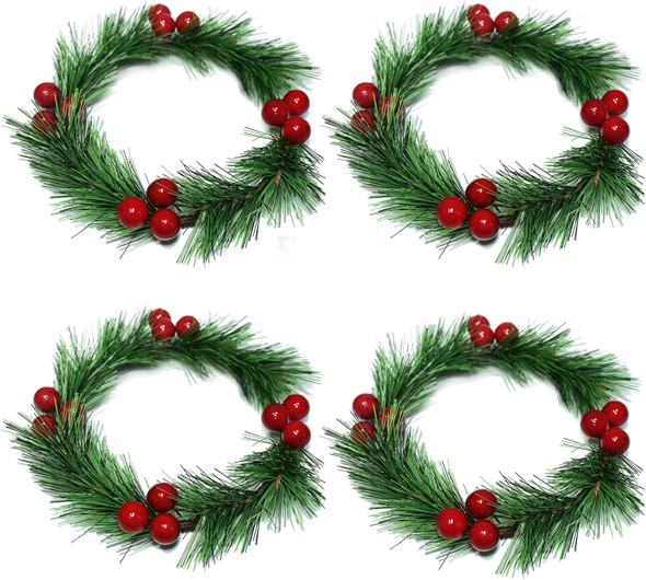 4pcs Christmas Candle Rings Wreaths Artificial Red Berries Greenery Pine Needles Garland Christmas Wreaths Candle Rings Holder for Wedding Christmas Table Centerpiece Home Dinner Table Decor