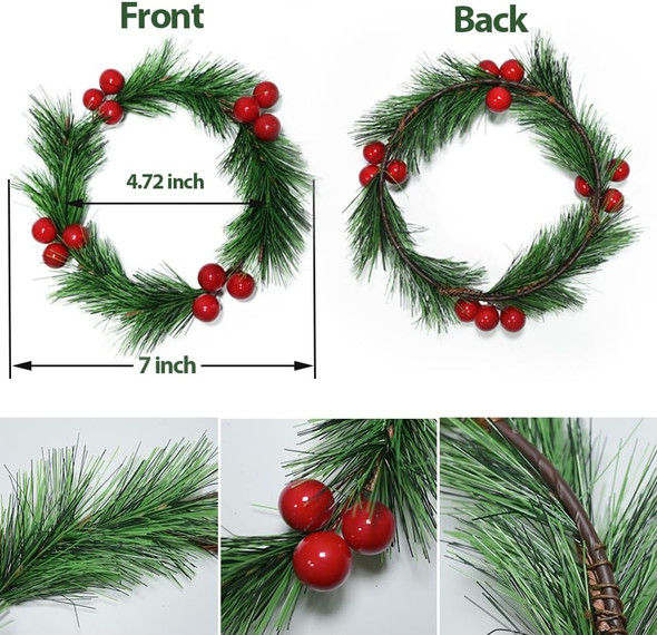 4pcs Christmas Candle Rings Wreaths Artificial Red Berries Greenery Pine Needles Garland Christmas Wreaths Candle Rings Holder for Wedding Christmas Table Centerpiece Home Dinner Table Decor