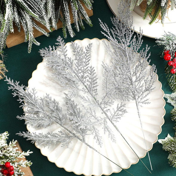 Panelee 45 Pcs Christmas Artificial Faux Cedar Branches, Artificial Pine Leaves,Christmas Greenery Fake Stems Christmas Tree Picks for Vase Garland Wreath Craft DIY Home Decoration(Silver Glitter)