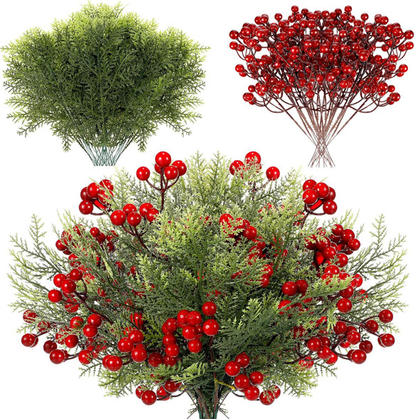 Panelee 48 Pcs Christmas Artificial Pine Branches with Red Berry Stems 12.8''Christmas Pine Needles for DIY Fake Greenery Christmas Garland Wreath Xmas Embellishing Flower Arrangements Decoration