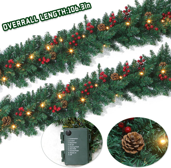 9 Ft Christmas Garland with Lights Battery Operated for Outdoor Indoor Decoration- Prelit Artificial Xmas Garland Decored with Pine Cones Berry for Home Stairs Fireplace