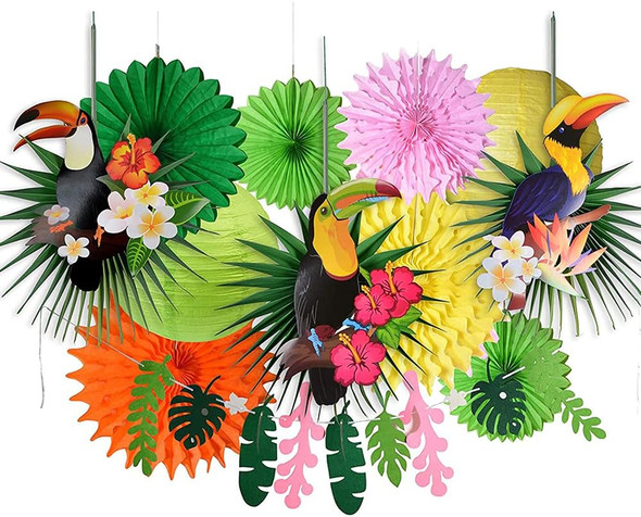 Tropical Bird Toucan Leaf Garland Party Kit for Summer Hawaiian Luau Tiki Tropical Jungle Themed Party Decorations Luau Party Supplies Decor with Paper Palm Leaves Paper Fan Paper Lanterns