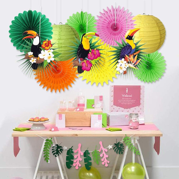Tropical Bird Toucan Leaf Garland Party Kit for Summer Hawaiian Luau Tiki Tropical Jungle Themed Party Decorations Luau Party Supplies Decor with Paper Palm Leaves Paper Fan Paper Lanterns
