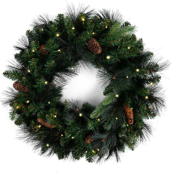 Papyrus 24" Pre-Lit Carolina Pine Artificial Wreath, Pine Cones, Warm White Light, Battery Powered, Indoor/Outdoor
