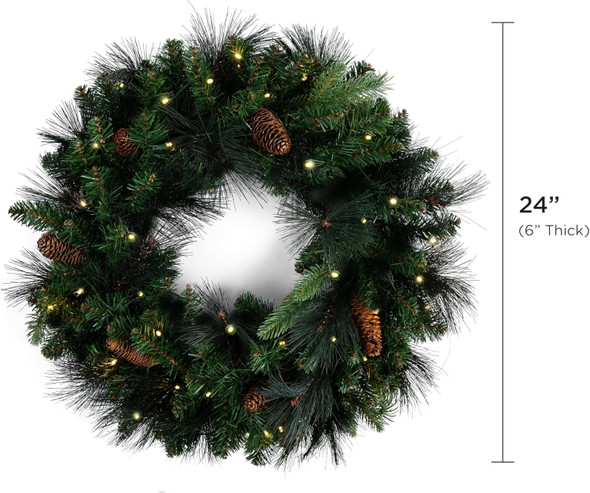 Papyrus 24" Pre-Lit Carolina Pine Artificial Wreath, Pine Cones, Warm White Light, Battery Powered, Indoor/Outdoor