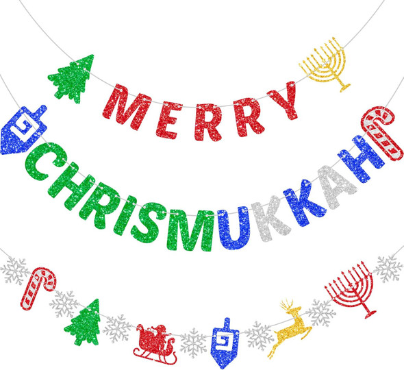 Merry Chrismukkah Banner Glitter Christmas Hanukkah Mixed Banner Christmas Banner Hanukkah Banner Decor Party Decorations Chanukah Festival Party Supplies