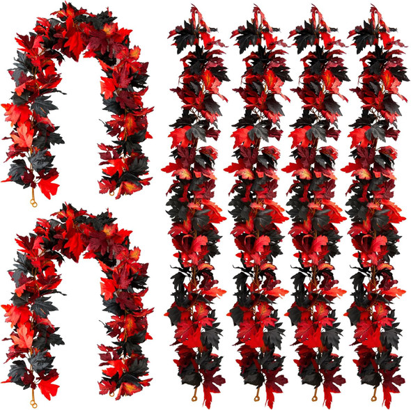 PARTY JOY 6PCS Black Red Leaf Garland, 5.6Ft Halloween Garland Artificial Maple Leaf Autumn Garland Hanging Fall Vines Table Decorations for Thanksgiving Front Door Decorations Fall Decor