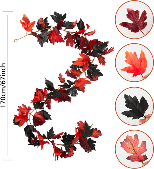 PARTY JOY 6PCS Black Red Leaf Garland, 5.6Ft Halloween Garland Artificial Maple Leaf Autumn Garland Hanging Fall Vines Table Decorations for Thanksgiving Front Door Decorations Fall Decor