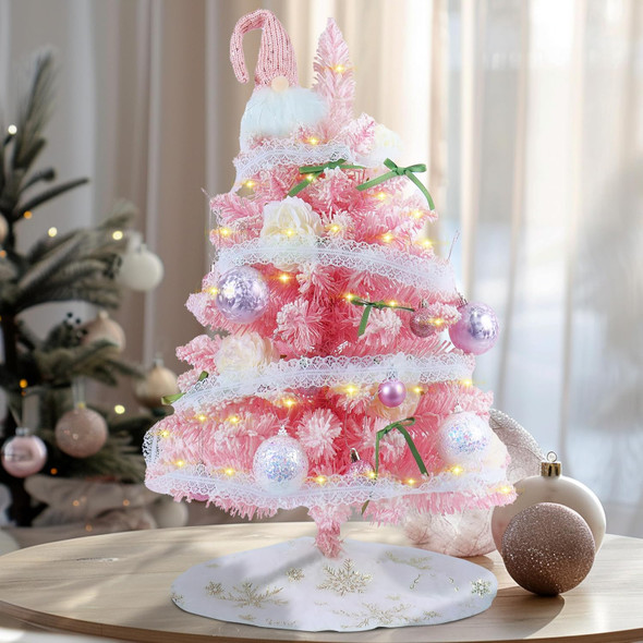 Small Christmas Tree - Mini Christmas Tree Flocked Comes with Decorations, Small Pink Christmas Tree 24 in, Decorated Christmas Tree, Tabletop Christmas Tree Pink Flocked