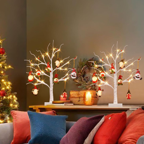 PEIDUO Christmas Decorations Indoor 2 FT 24 LT Lighted Birch Tree with 8 Christmas Gnome Ornaments Battery Powered with Timer for Home Table Party Festival Wedding Decor (2PK)