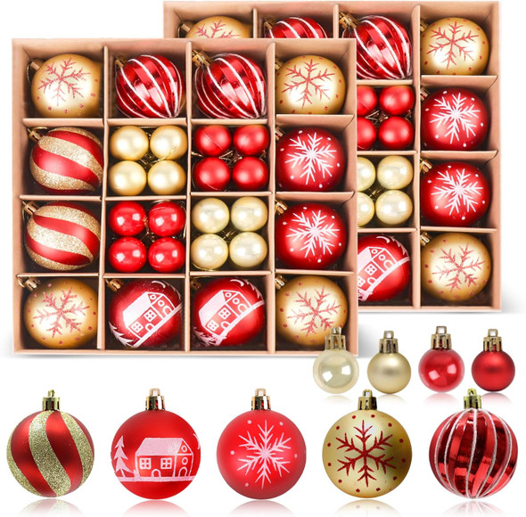 PEMOTech 88Pcs Christmas Balls Ornaments for Xmas Christmas Tree - Red & Gold 2 Sizes Christmas Tree Ornaments Balls with Glitter, Shatterproof Christmas Tree Decorations for Holiday Wreath Garland