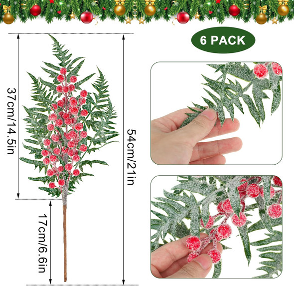 Christmas Snowy Cedar Picks 21 Inch Artificial Red Berry Pine Branches Large Frosted Cedar Sprays Christmas Faux Pine Needles Berry Cedar Sprigs for Holiday Garland Wreath Vase Floral Arrangements