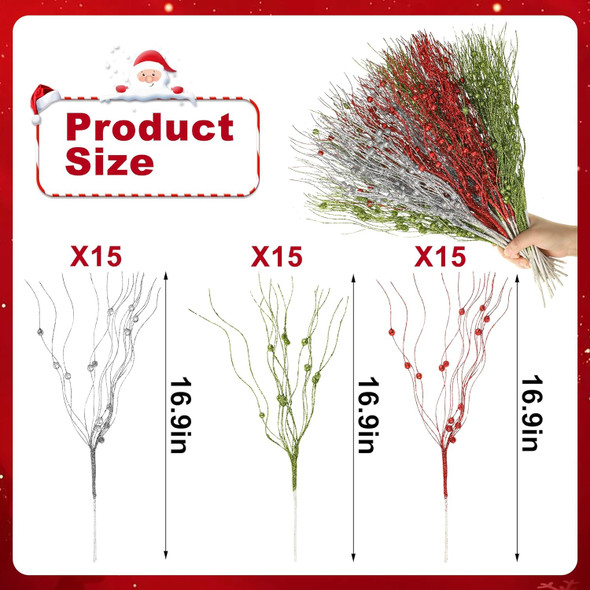 45 Pcs Christmas Glitter Berry Stems 16.9 Inch Artificial Curly Berry Stems Decorative Glittery Twigs Sticks Branches Ornaments for Xmas Tree Vase DIY Wreath Crafts Home Decor (Red, Green, Silver) 45 Pcs Christmas Glitter Berry Stems 16.9 Inch Artificial Curly Berry Stems Decorative Glittery Twigs Sticks Branches Ornaments for Xmas Tree Vase DIY Wreath Crafts Home Decor (Red, Green, Silver)