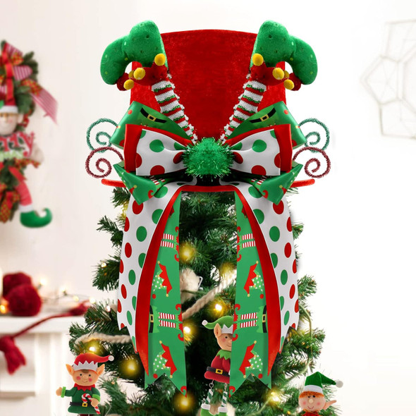 Christmas Elf Tree Topper Red Hat with Handmade Bows Elf Leg Ornament Winter Holiday Santa Home Decoration Xmas Wreath Festive Ideas Supplies