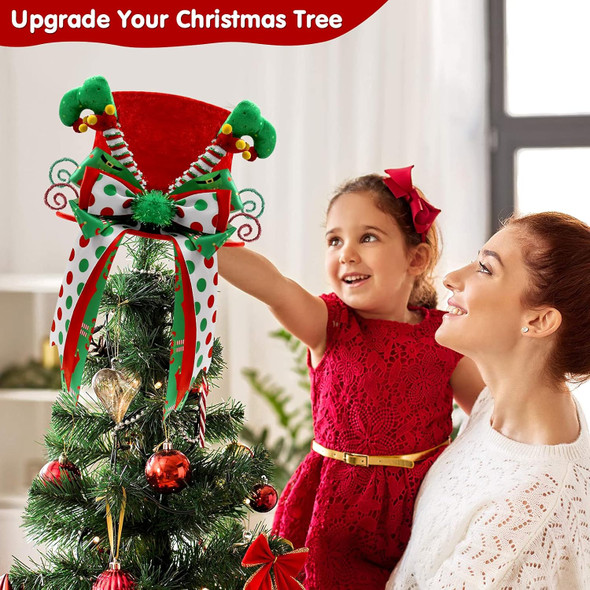Christmas Elf Tree Topper Red Hat with Handmade Bows Elf Leg Ornament Winter Holiday Santa Home Decoration Xmas Wreath Festive Ideas Supplies