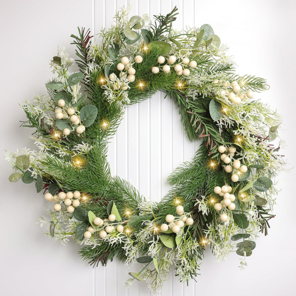 Perfnique 22'' Christmas Wreath for Front Door with Lights, Winter Outdoor Wreath Pine Wreath with White Berry and Glitter, Christmas Indoor Wreaths for Wall Window Fireplace Home Holiday Decor(White)