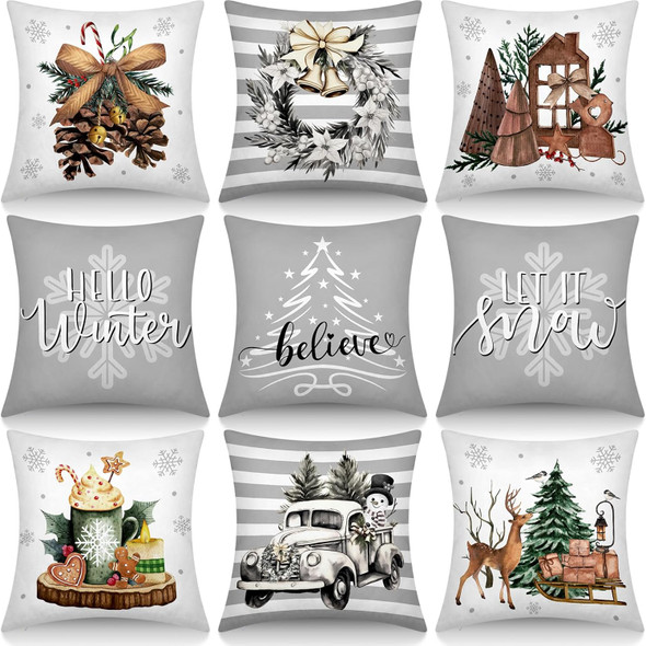 Peryiter 9 Pieces Winter Pillow Covers 18 x 18 Inch Christmas Trees Truck Wreath White Christmas Pillow Cases Winter Holiday Farmhouse Pillow Couch Covers for Winter Christmas Decorations