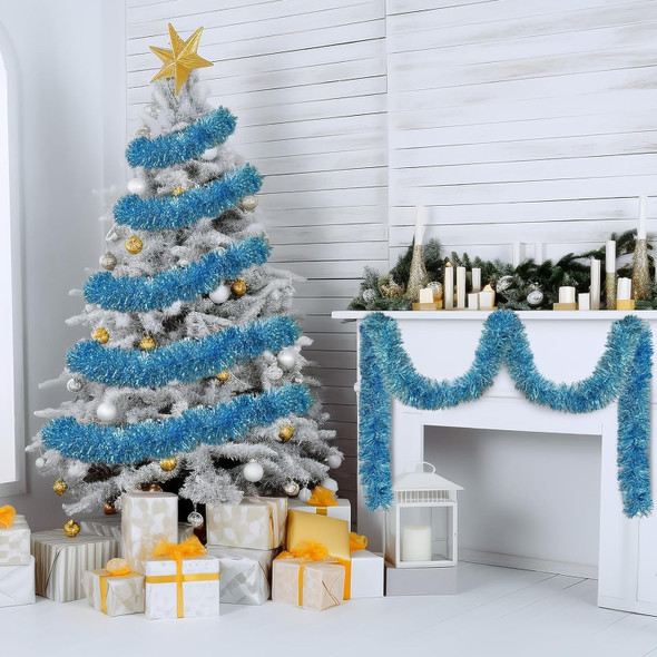 19.6ft Christmas Tinsel Garland, Light Blue Tinsel Garland, Metallic Garland for Xmas Tree, Party, Holiday, Birthday, Wedding, Year, Ceiling Hanging Decorations, Party Supplies, Winter Wonderland