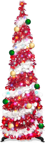 Fake Christmas Tree Christmas Decor - 5 Ft Tall Skinny Christmas Tree Collapsible with Timer 50 Lights 10 Balls, Tinsel Red Christmas Tree Christmas Decor for Home Bedroom Fireplace(Red White)