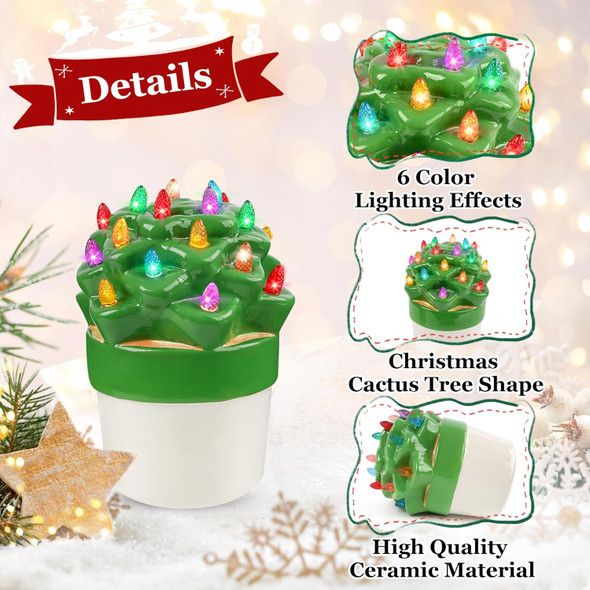 ​​​​​2 Pcs Ceramic Christmas Tree, Vintage Christmas Cactus Tree with Multicolored Lights, 6in Tabletop Green Ceramic Light Up Christmas Tree - Christmas Stocking Stuffers for Women