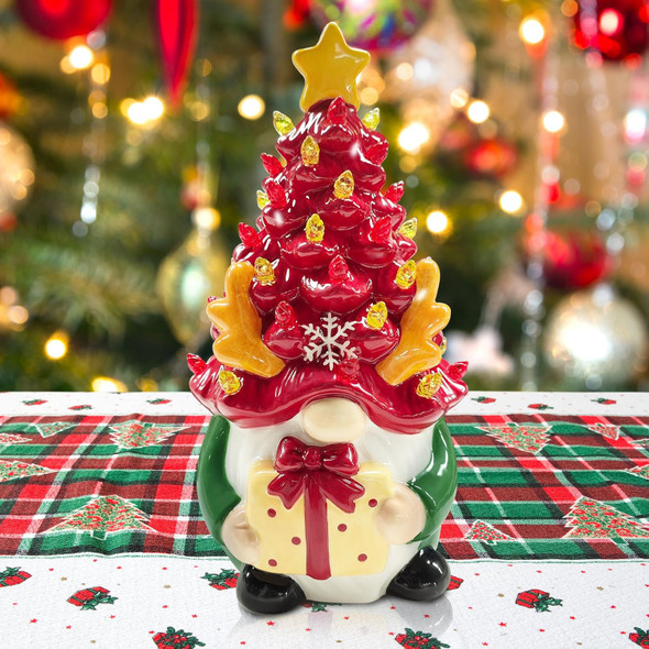 Deer Ceramic Christmas Tree Gnomes, Christmas Women s, Funny Kids Men , LED Lighted Christmas Tree Decorations Indoor for Home Room Table Top, Reindeer Decor Figurine Collectione (Red Green)