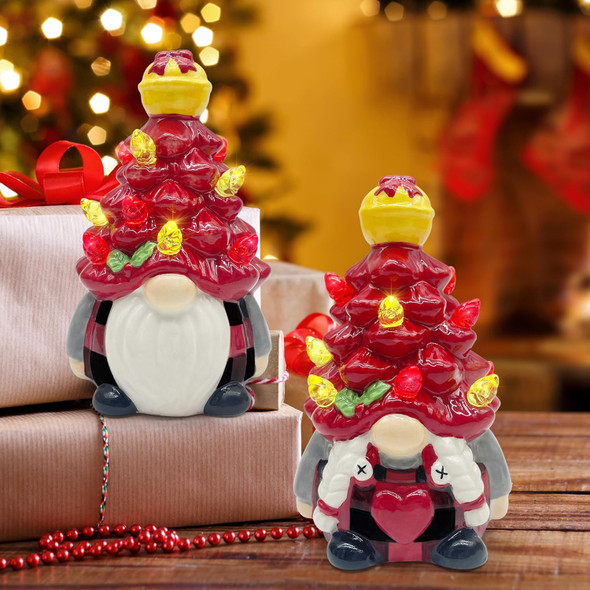 Christmas Ceramic Tree 2 Sets, Christmas Gnomes s for Women Kids Teens, Christmas Decorations Indoor Home Table, Pastel Colored LED Lights Ceramic Holidays Christmas Decor Figurines Collectione